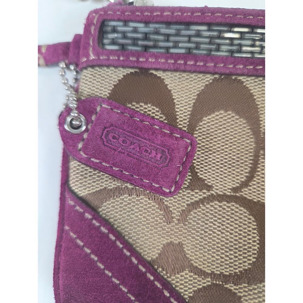 Coach Signature Tan Fabric Burgundy/Purple Suede Zip Wristlet Wallet Bag - Picture 4 of 5